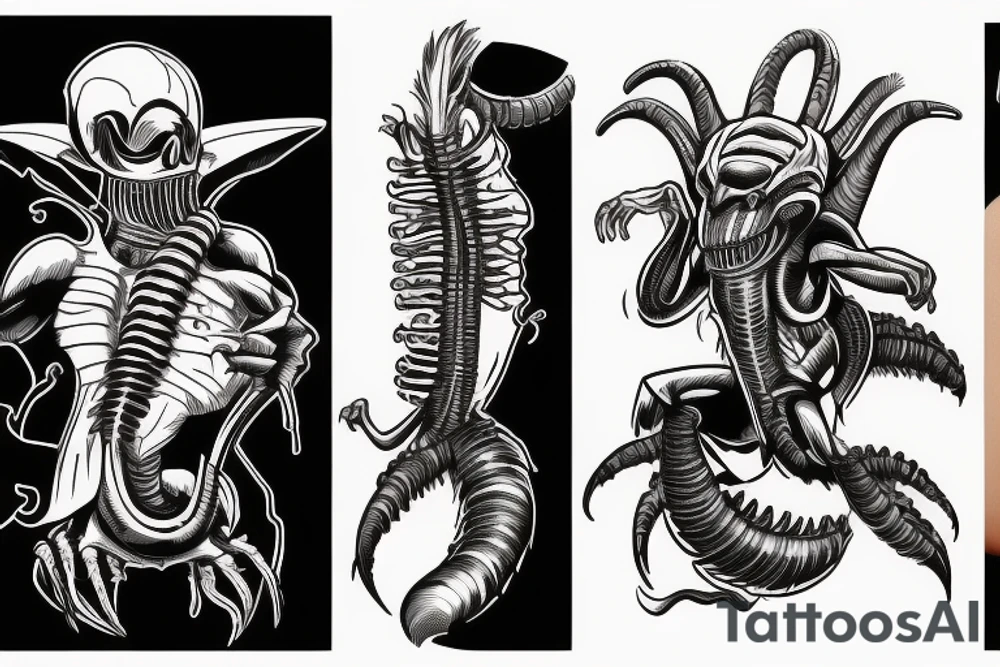 xenomorph fighting a mafia racoon with guns tattoo idea
