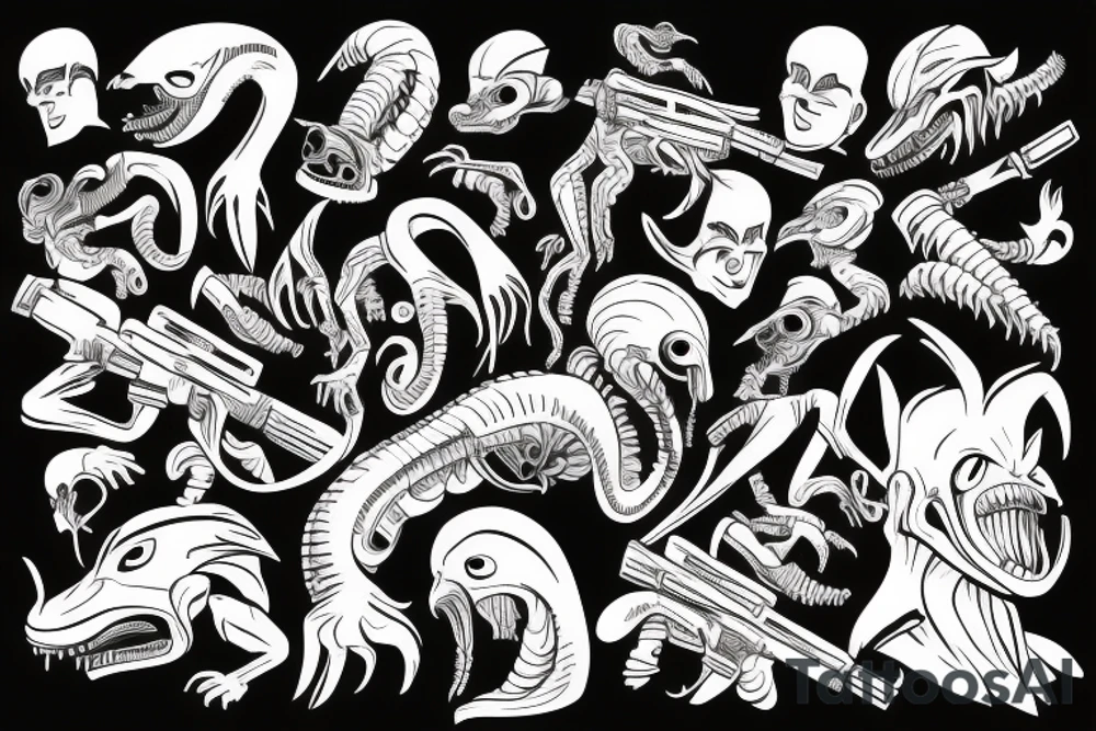 xenomorph fighting a mafia racoon with guns tattoo idea