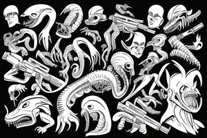 xenomorph fighting a mafia racoon with guns tattoo idea