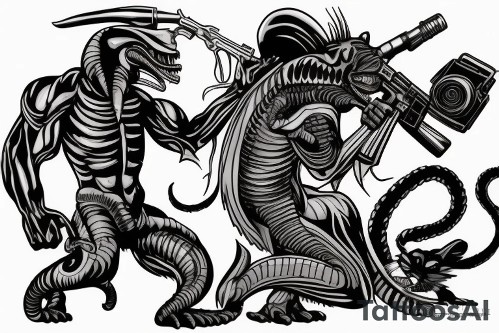 xenomorph fighting a mafia racoon with guns tattoo idea