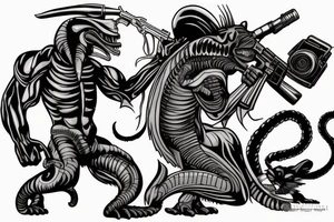 xenomorph fighting a mafia racoon with guns tattoo idea