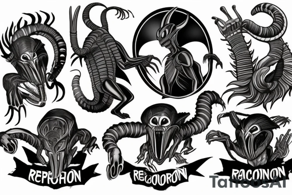 xenomorph fighting a mafia racoon tattoo idea
