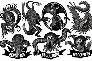xenomorph fighting a mafia racoon tattoo idea