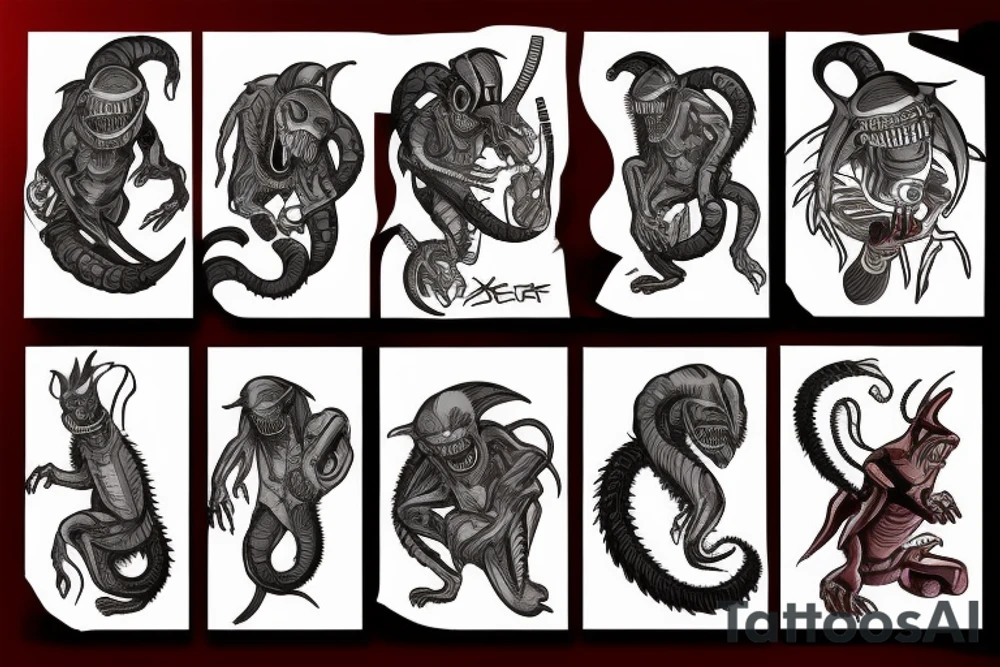 xenomorph fighting a mafia racoon tattoo idea