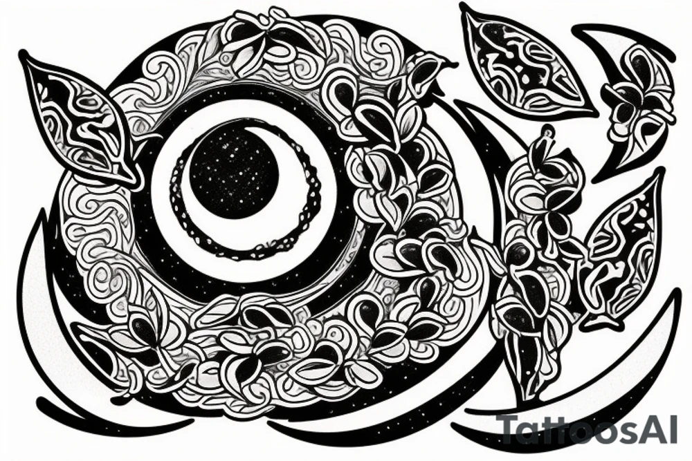 A moon made out of a clementine with orange blossoms in the traditional style tattoo idea