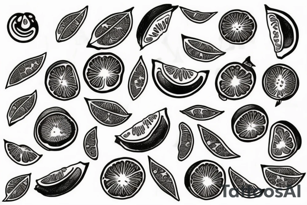 A moon made out of a clementine with orange blossoms in the traditional style tattoo idea