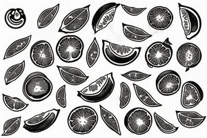 A moon made out of a clementine with orange blossoms in the traditional style tattoo idea