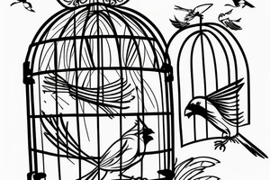 A cardinal flying away from his cage, on the cage have a plaque that says "I'm Free" and the cage have an open gate tattoo idea