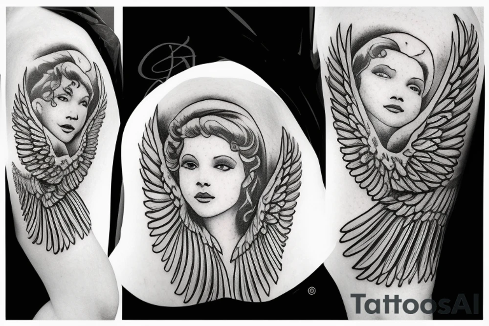 Angel standing and praying with halo and wings tattoo idea