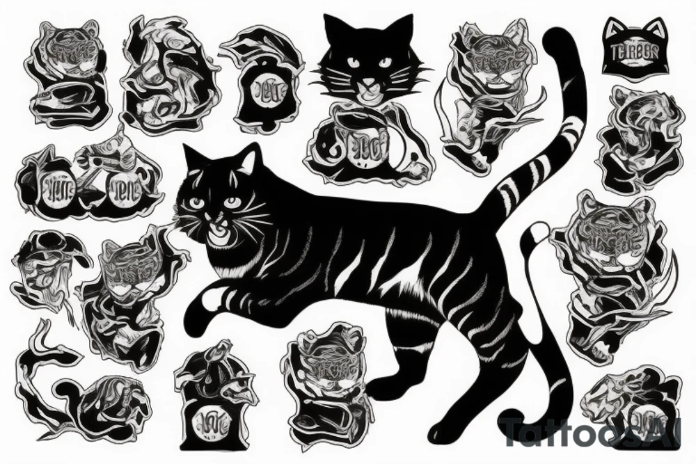Black cat boxing tiger tattoo idea