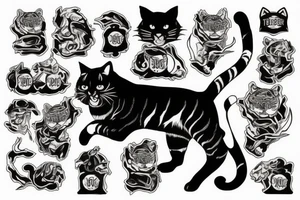 Black cat boxing tiger tattoo idea