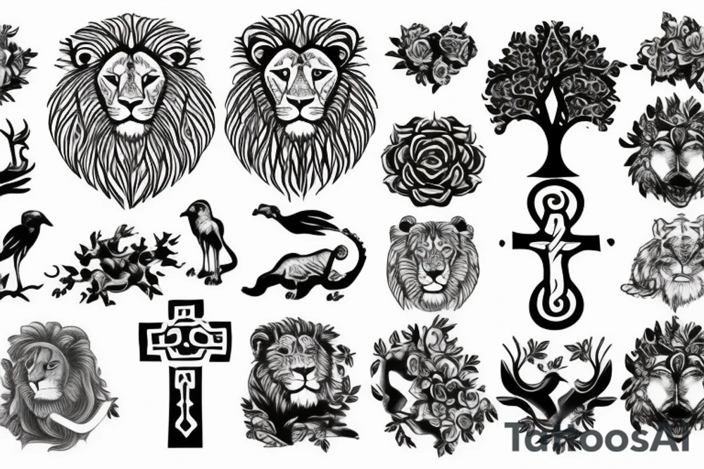 india, tree, lion, cross, tattoo idea