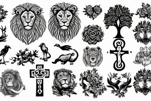 india, tree, lion, cross, tattoo idea