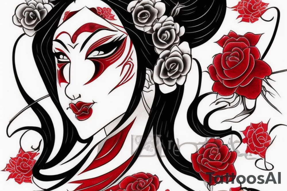Demon geisha with red scroll with red writing going diagonally through her face. Red rose pedals around the face tattoo idea