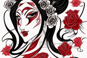 Demon geisha with red scroll with red writing going diagonally through her face. Red rose pedals around the face tattoo idea