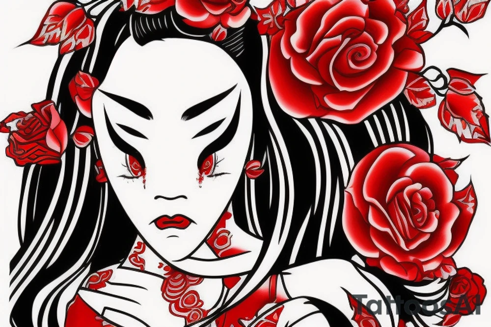 Demon geisha with red scroll with red writing going diagonally through her face. Red rose pedals around the face tattoo idea