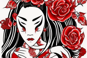 Demon geisha with red scroll with red writing going diagonally through her face. Red rose pedals around the face tattoo idea