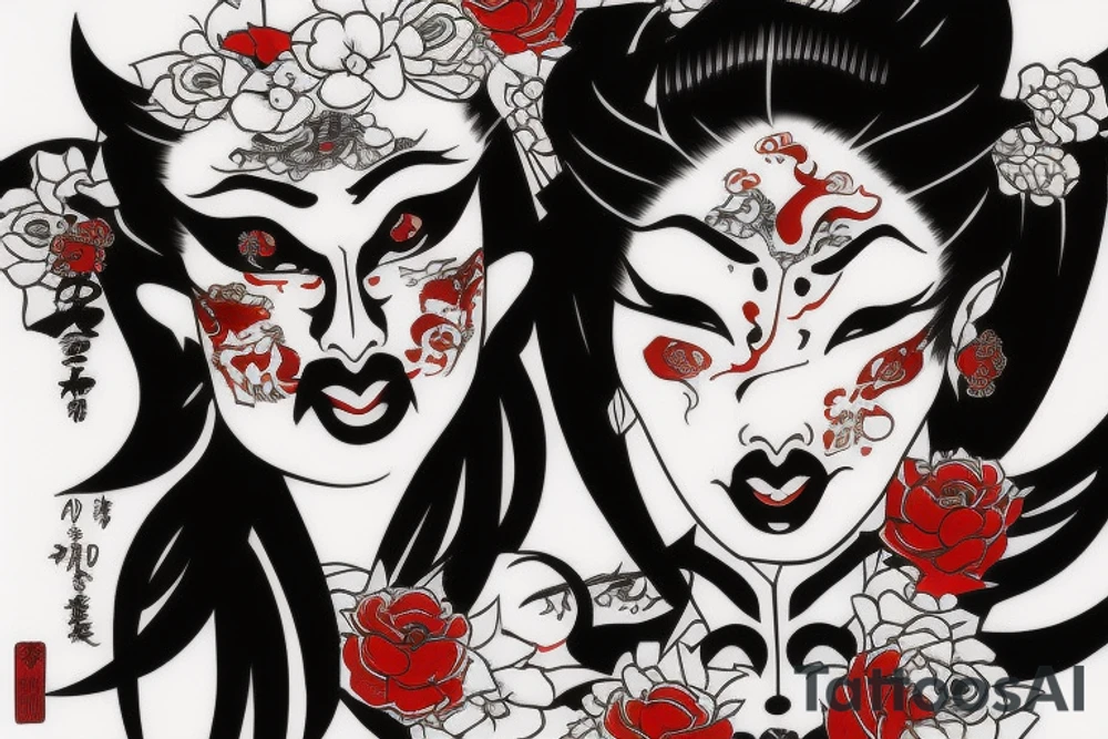 Demon geisha with red scroll going through her face tattoo idea