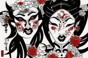 Demon geisha with red scroll going through her face tattoo idea