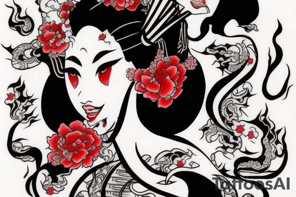 Demon geisha with red scroll going through her face tattoo idea