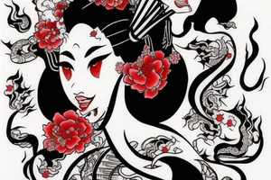 Demon geisha with red scroll going through her face tattoo idea
