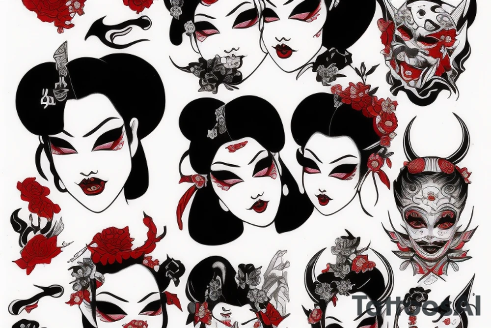 Demon geisha with red scroll going through her face tattoo idea Demon geisha with red scroll going through her face tattoo idea