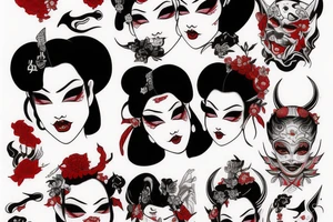Demon geisha with red scroll going through her face tattoo idea