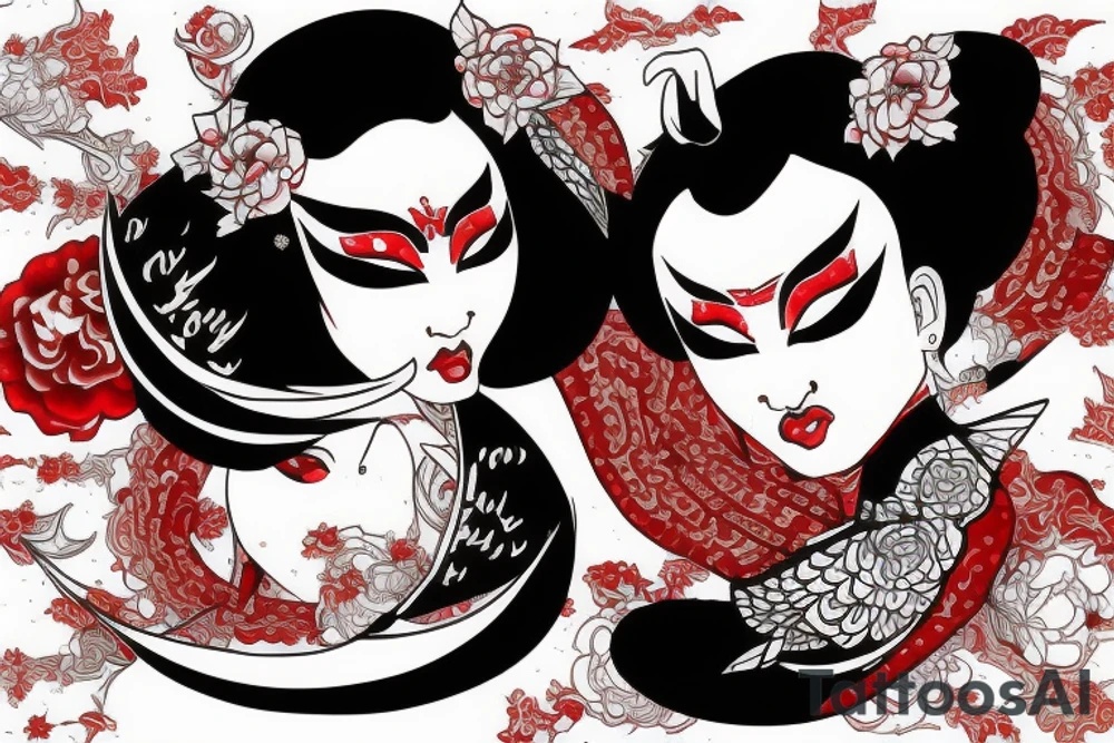 Demon geisha with red scroll going through her face tattoo idea Demon geisha with red scroll going through her face tattoo idea