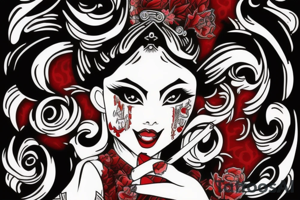 Demon geisha with red scroll going through her face tattoo idea Demon geisha with red scroll going through her face tattoo idea