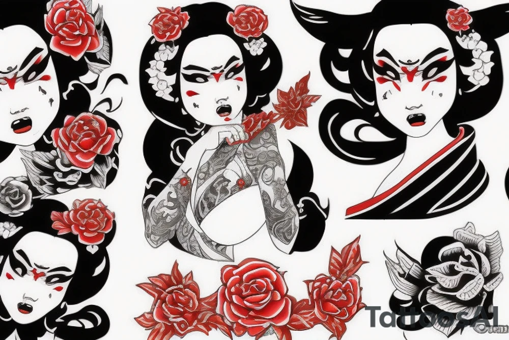 Demon geisha with red scroll going through her face tattoo idea
