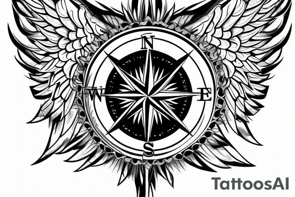 compass with angel wings tattoo idea