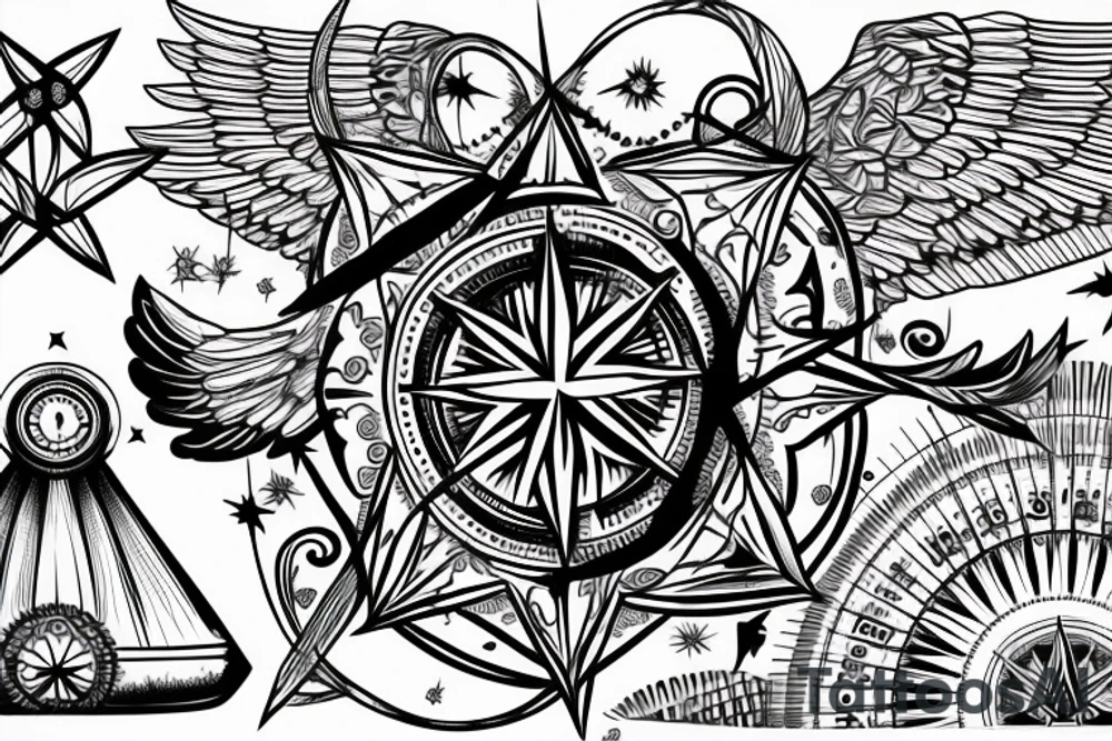 compass with angel wings and mountain tattoo idea