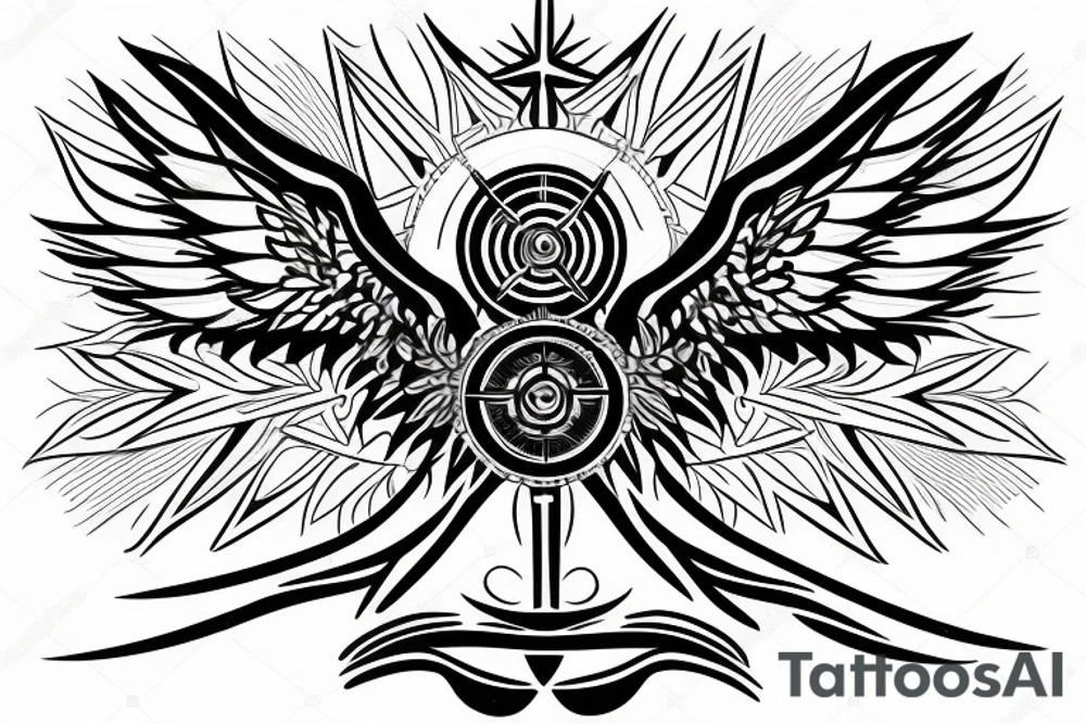 compass with angel wings and mountain tattoo idea