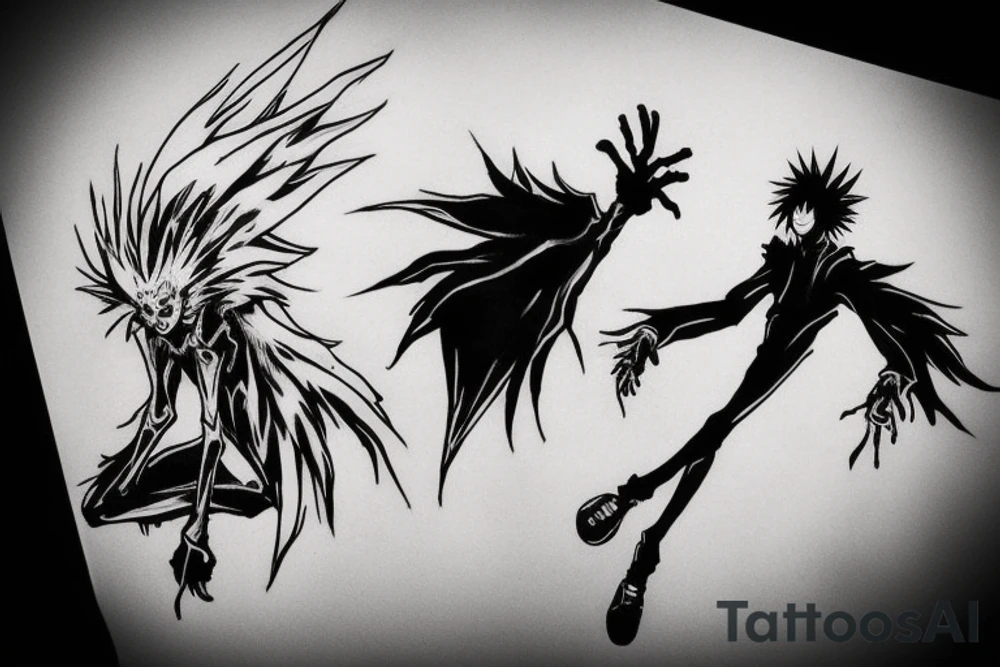 Ryuk, from death note, flying downwards towards a falling light yagami, also from death note, in the air as the death note and an apple fly out of lights hands towards Ryuk. Ryuky is also reaching out towards the apple. tattoo idea