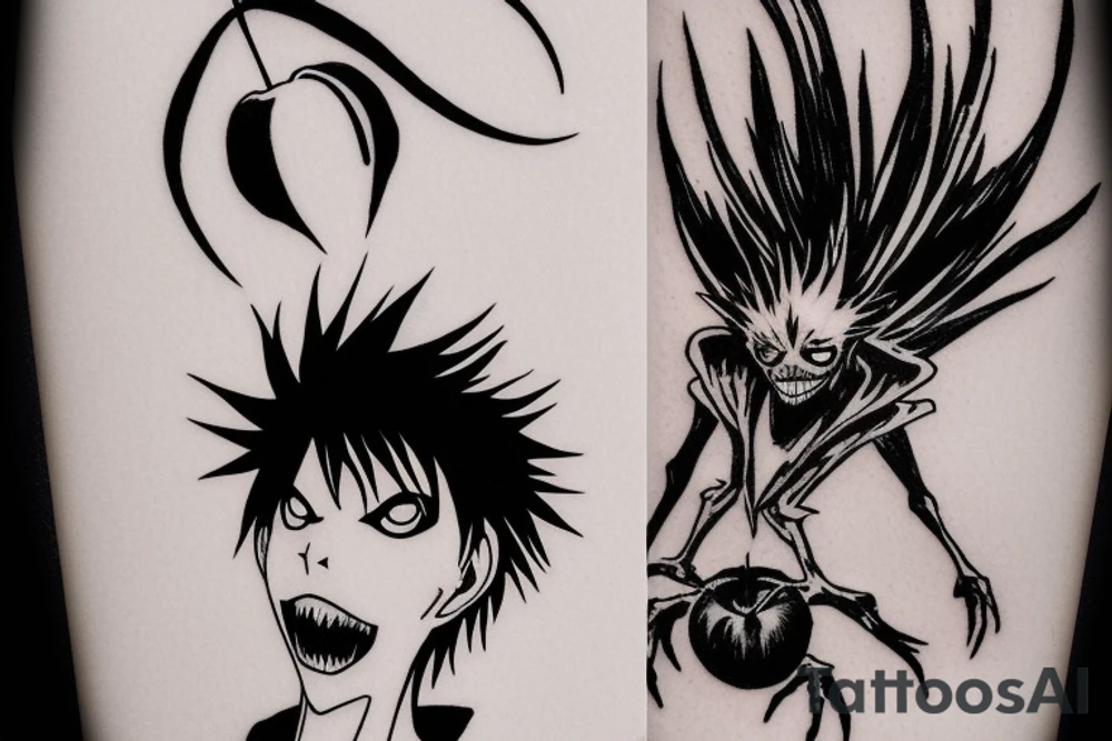 Ryuk, from death note, flying downwards towards a falling light yagami, also from death note, in the air as the death note and an apple fly out of lights hands towards Ryuk. Ryuky is also reaching out towards the apple. tattoo idea