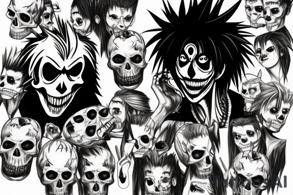 The famous hamlet skull held up scene but it's Ryuk from death note holding an apple tattoo idea