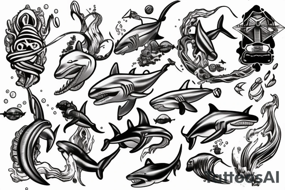 Underwater waves shipwreck diver hammerhead shark tattoo idea