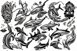 Underwater waves shipwreck diver hammerhead shark tattoo idea