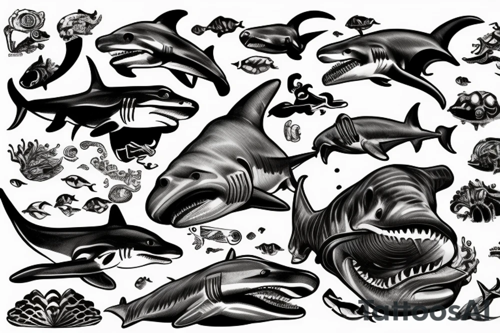 Underwater waves shipwreck diver hammerhead shark tattoo idea