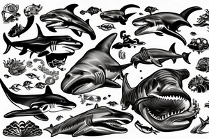 Underwater waves shipwreck diver hammerhead shark tattoo idea