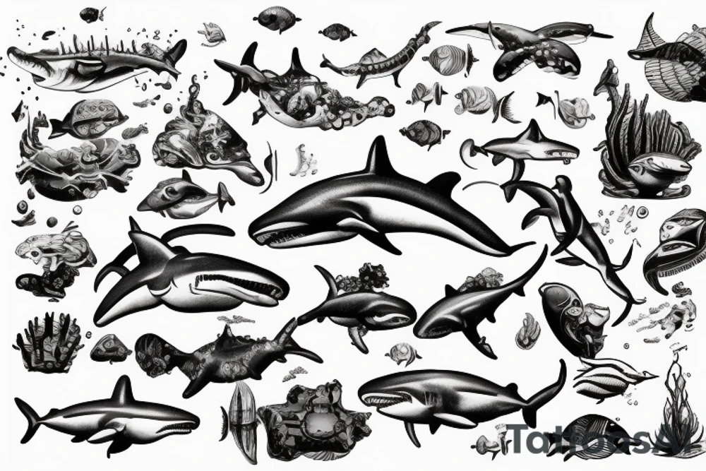 Underwater waves shipwreck diver hammerhead shark tattoo idea Underwater waves shipwreck diver hammerhead shark tattoo idea