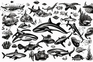 Underwater waves shipwreck diver hammerhead shark tattoo idea