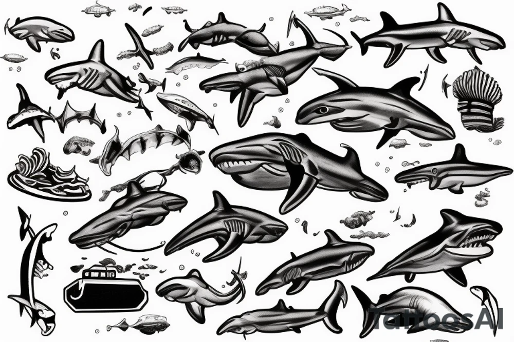 Underwater waves shipwreck diver hammerhead shark tattoo idea Underwater waves shipwreck diver hammerhead shark tattoo idea