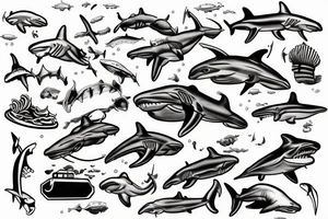 Underwater waves shipwreck diver hammerhead shark tattoo idea