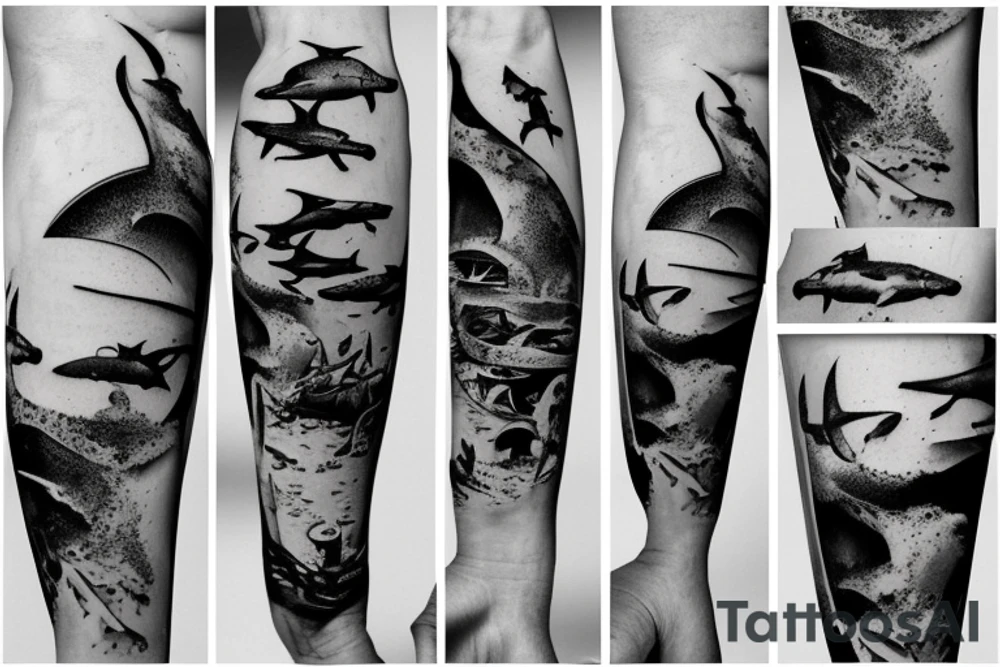 Underwater
 shipwreck diver hammerhead shark tattoo idea