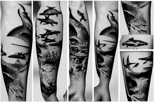 Underwater
 shipwreck diver hammerhead shark tattoo idea