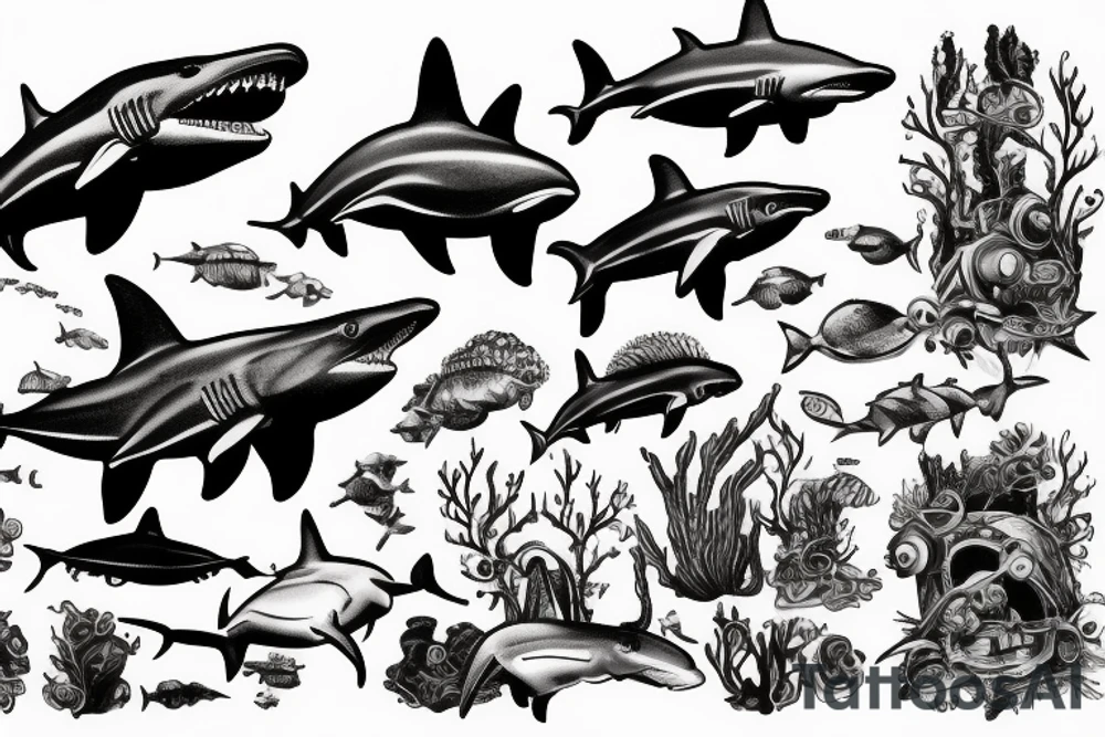 Underwater
 shipwreck diver hammerhead shark tattoo idea