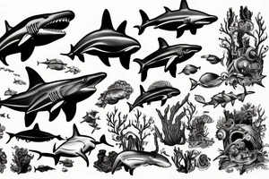 Underwater
 shipwreck diver hammerhead shark tattoo idea