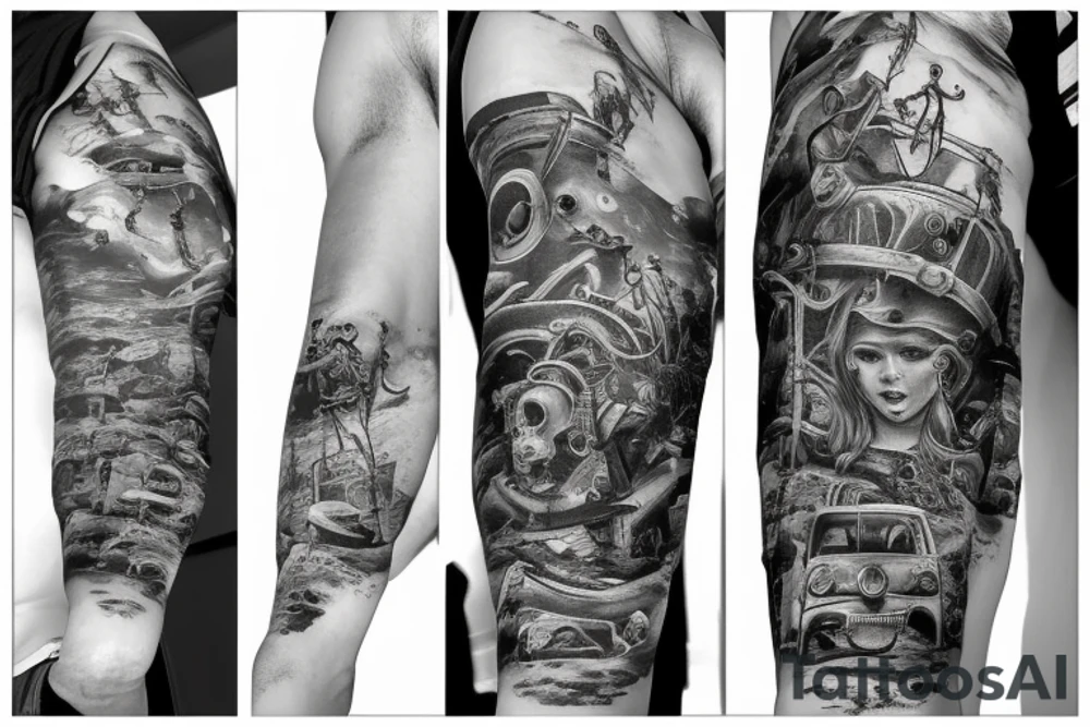 Underwater
 shipwreck diver tattoo idea