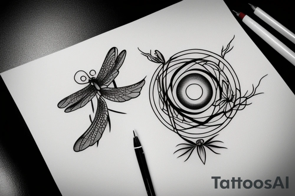 Dragon fly simple flower circle tattoo idea